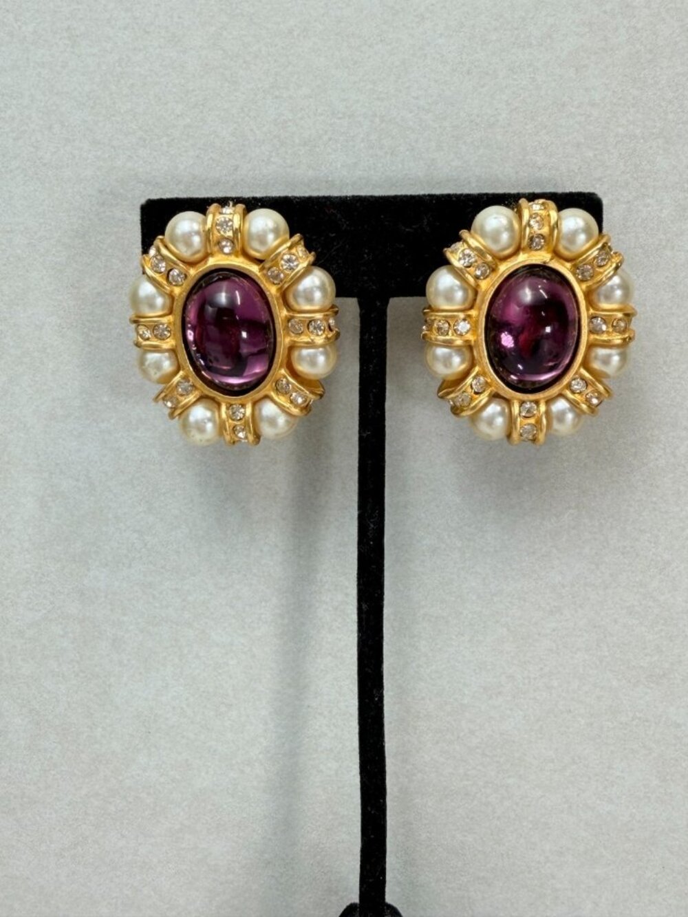 Vintage Blanca Gorgeous Faux Pearl Purple Glass Cabochon Runway Earrings